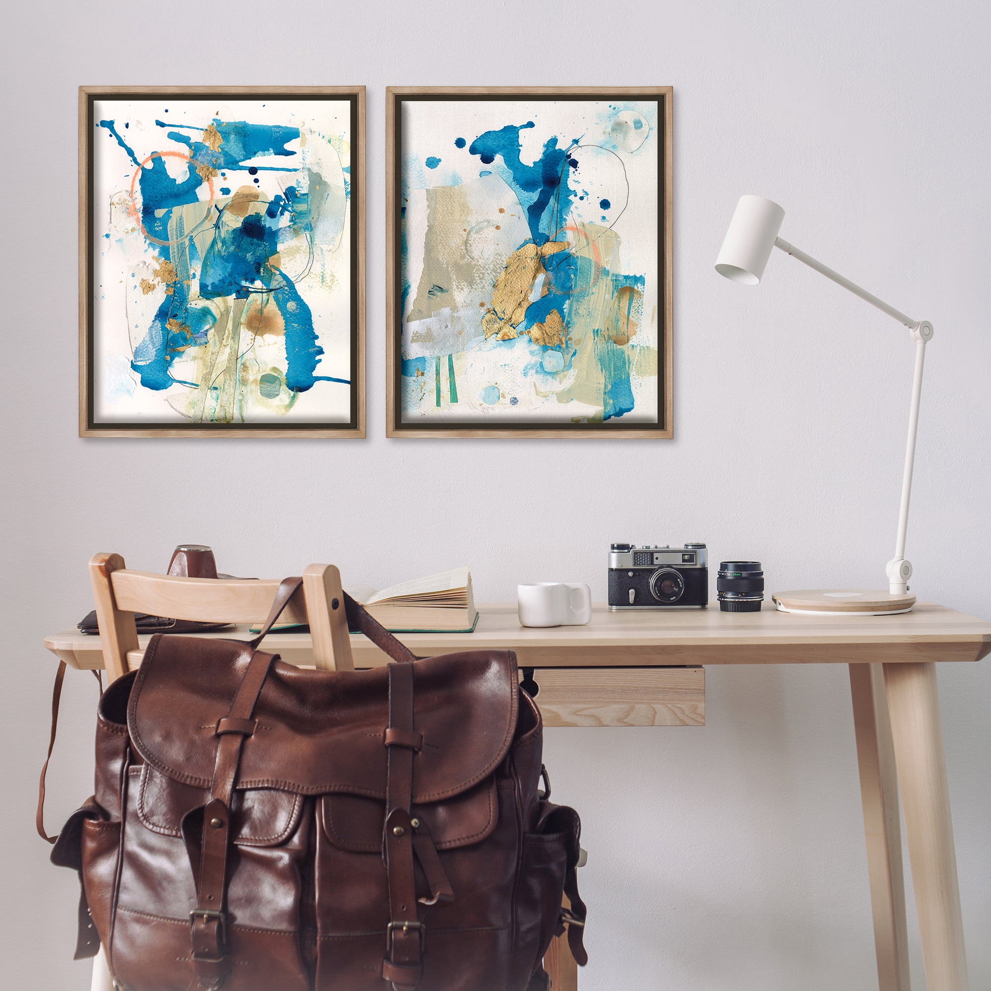 Stupell Industries Abstract Blue Gold Splash Abstract Painting Brown Floater Framed Canvas Art Print Wall Art, 31 x 25, Set of 2