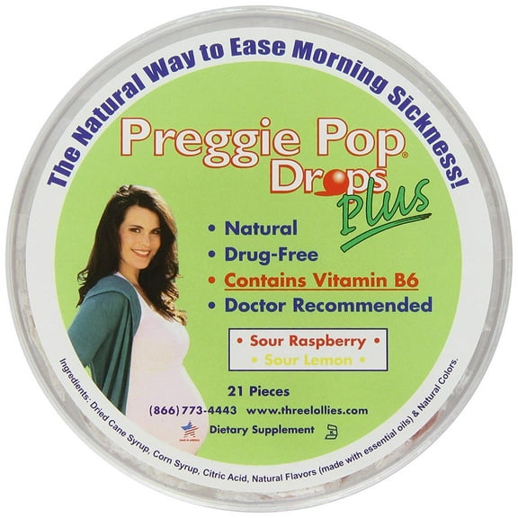 Three Lollies Preggie Pop Drops Plus with Vitamin B6 for Morning Sickness Relief,Sour Raspberry and Sour Lemon, 21 count