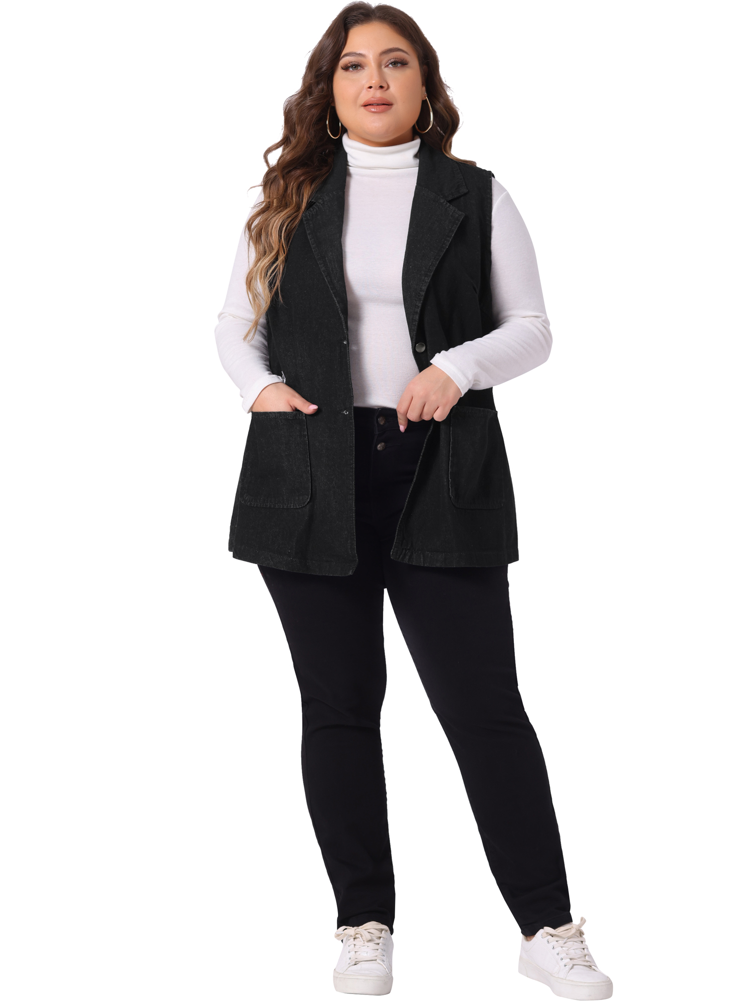 Unique Bargains Women's Plus Size Dressy Sleeveless Long Jean Jacket 2X Black