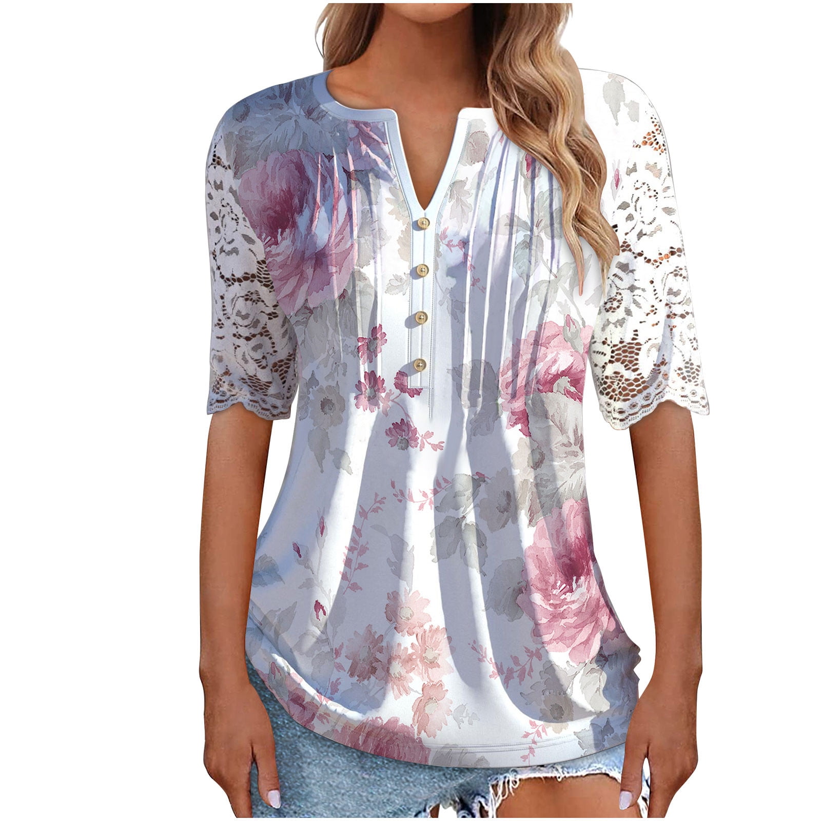 EyMuse Women's V-Neck Short Sleeve Top - Vintage Floral Print Blouse, Loose Fit, 95% Polyester 5% Spandex, Spring & Summer