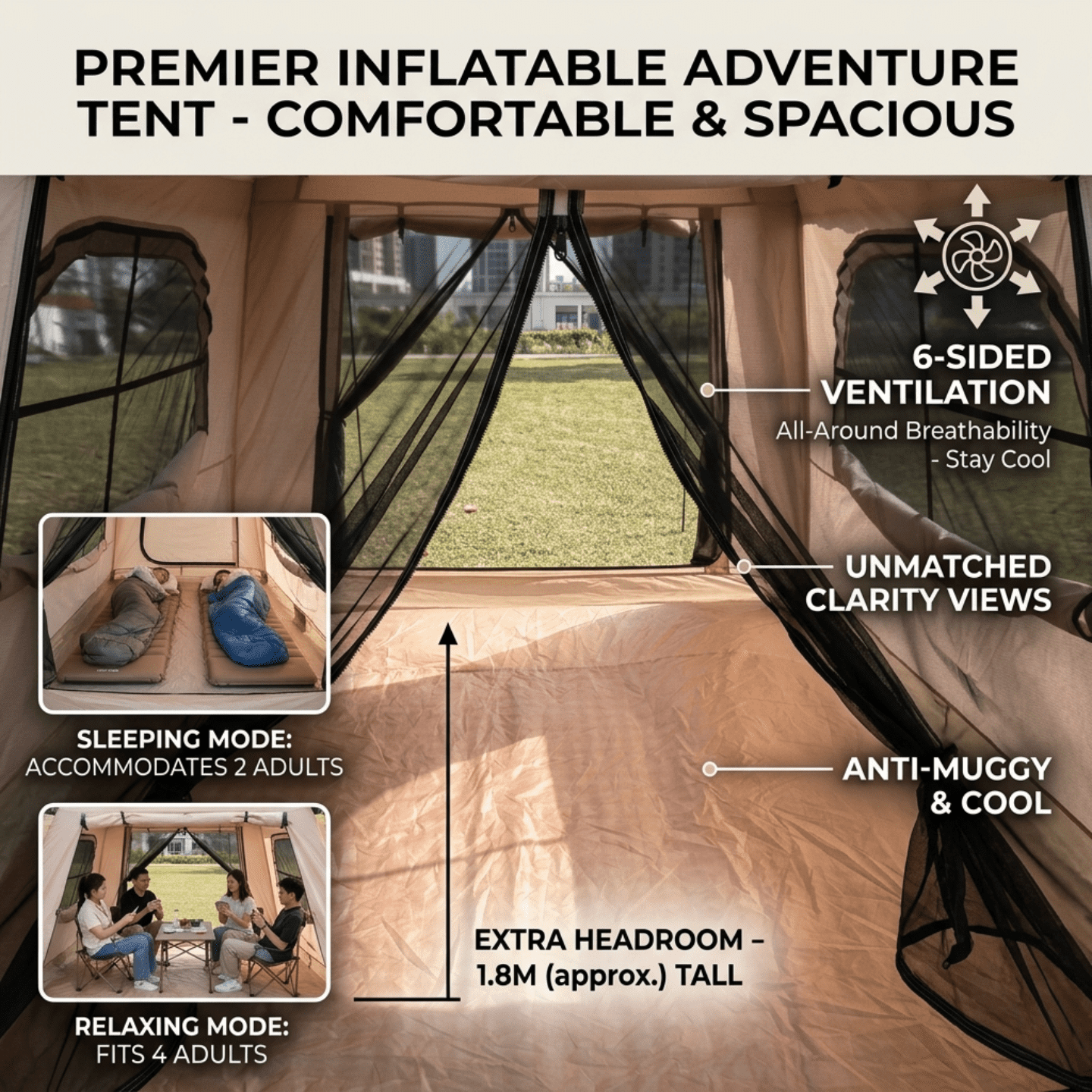 Inflatable Camping Tent for 2-4 Person, Waterproof Air Tent with Easy Setup, Instant Blow Up Family Tent for Outdoor Camping, Hiking & Travel, Includes Storage Bag & Manual Pump