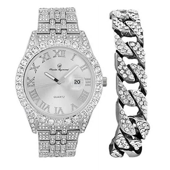 Charles Raymond Big Rocks w/Roman Numerals Fully Iced Out Mens Watch w/Easy Read Date and Colorful Dials- Designer Hip Hop Blinged Out Timepiece - ST0226RND Cuban Silver Silver