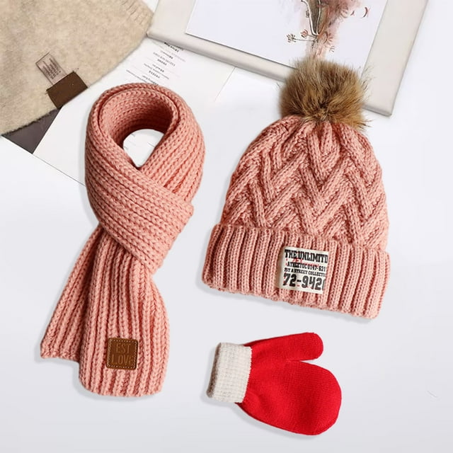 YAOBAMM Children Scarf Gloves Three-piece Set 3Pcs Set Winter Beanie Hat Scarf Set Children Solid Color Plush Ball Decor Winter Gift