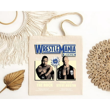 vintage WWE The Rock vs. Stone Cold Steve Austin Tote Bag Hoodie Wrestlemania-TH21482