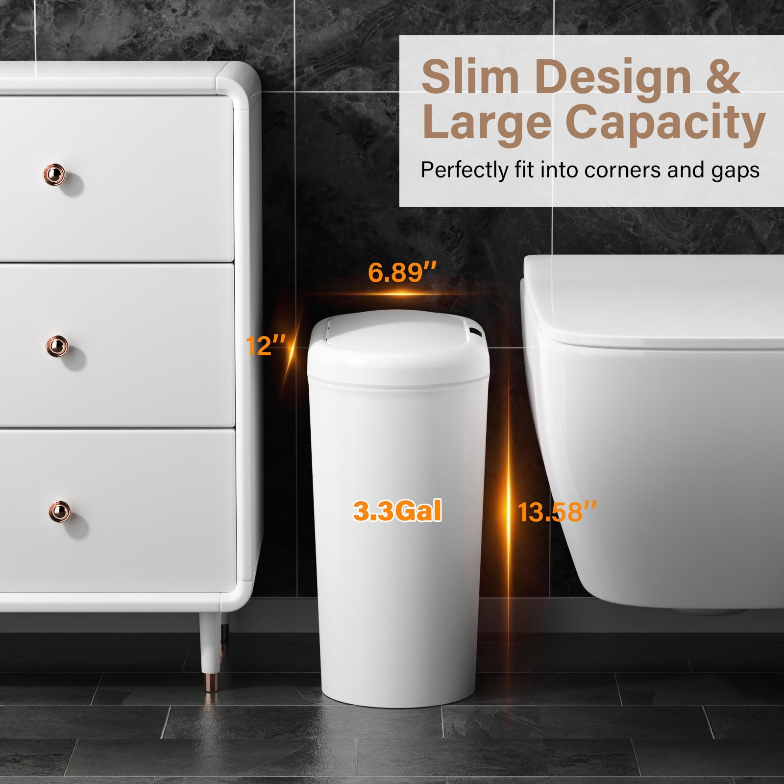 TINANA Automatic Sensor Trash Can with Lid 2 Pack: 3.3 Gallon Plastic Garbage Bins, Waterproof Touchless Slimline Wastebasket for Bathroom, Bedroom, Kitchen, Office, White