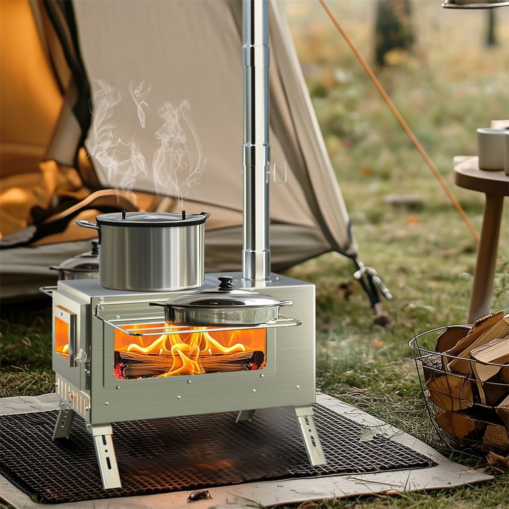 Wisfor Heavy Duty Stainless Steel Camping Wood Burning Stove Tent Stove for Outdoor Heating Cooking with Chimney, 12.2x15.75inch