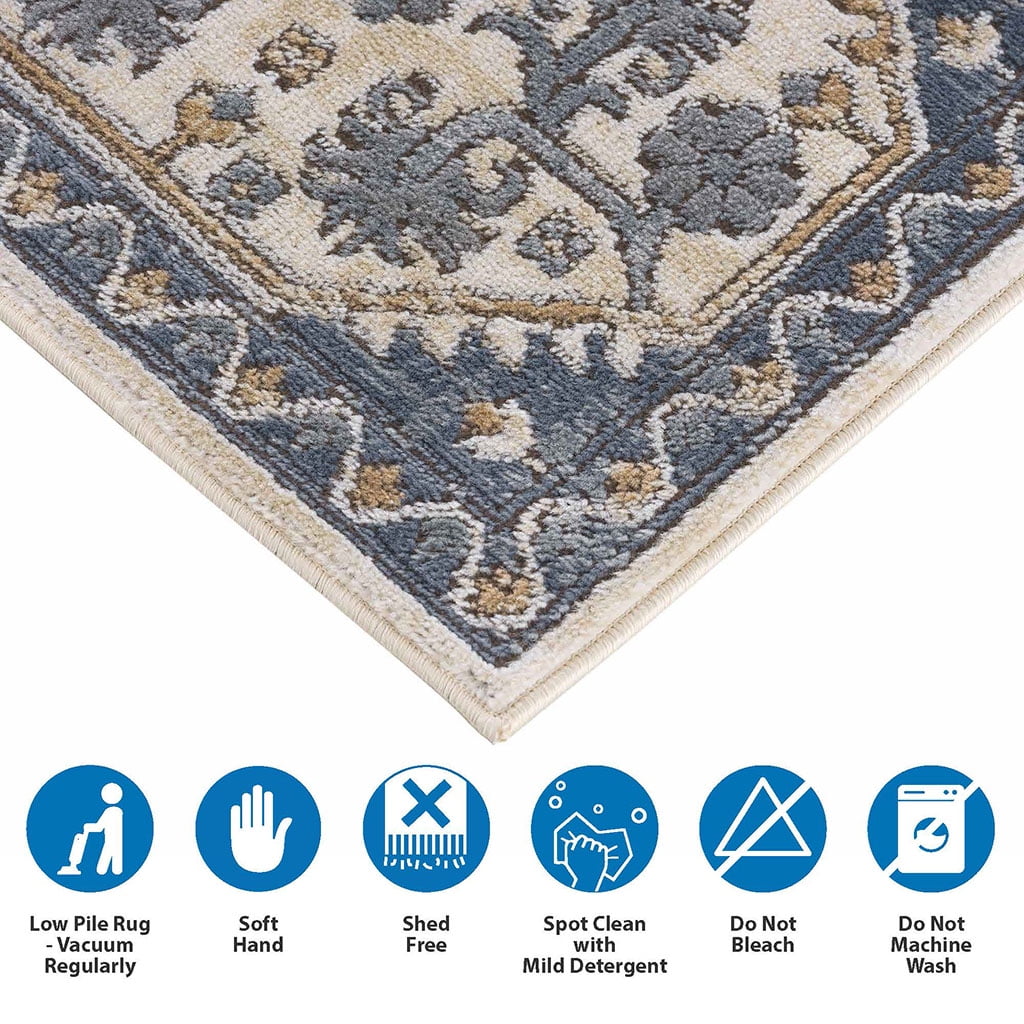 MAYEERTY 8x10' Tiled Border Area Rug Blue Cream Polyester