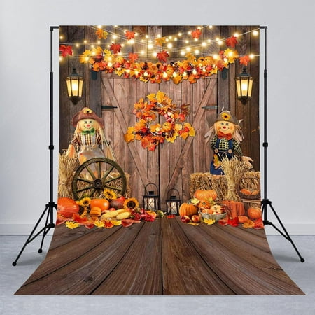 Image of Avezano Fall Thanksgiving Backdrop Maple Leaves Pumpkin Barn Door Photography Backdrop Haystack Scarecrow Fall Baby