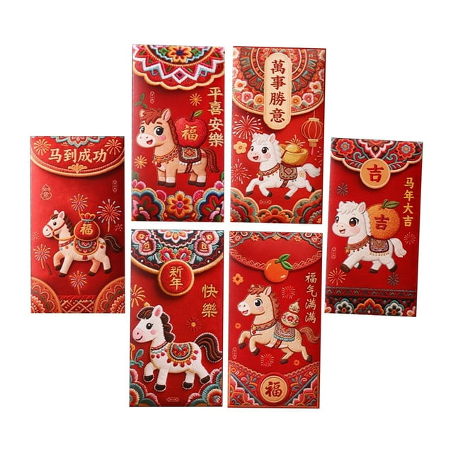 Enveloppes Rouges avec Design de Cheval Paquets d'Argent Porte-Bonheur pour Nouvel An Chinois 2026 Hong Bao Ensemble de 6 Impression en Relief 5D Année du Cheval Lunaire