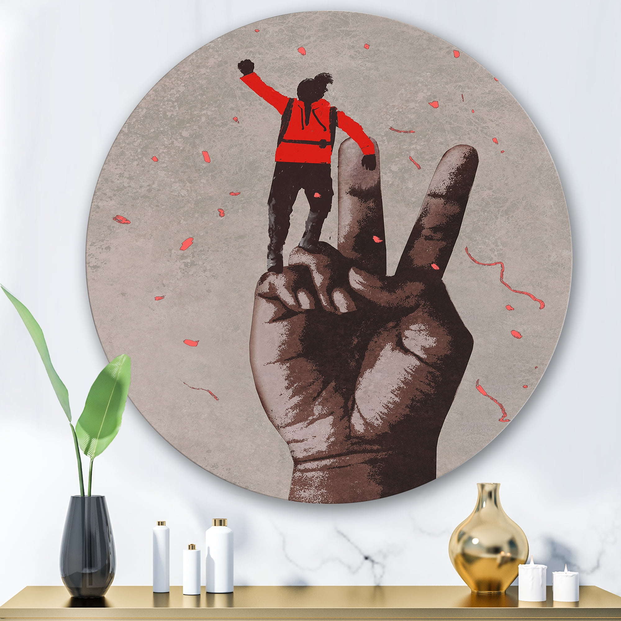 Designart 'Man With Arm Raised On Victory Sign' Modern Circle Metal Wall Art 29x29 - Disc of 29