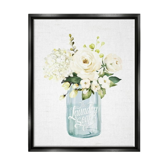 Stupell Industries White Floral Bouquet Vintage Laundry Text Jar Graphic Art Jet Black Floating Framed Canvas Print Wall Art, Design by Lettered and Lined