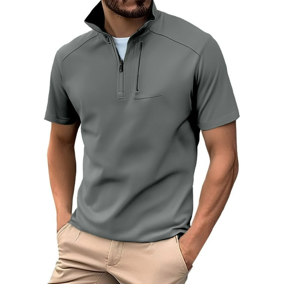 Men's Half Zip Short Sleeve Sports Shirt - Summer Stand Collar Ice T-Shirt - Nylon-Spandex Stretch Fabric - L-XXXXXL Sizes for Training