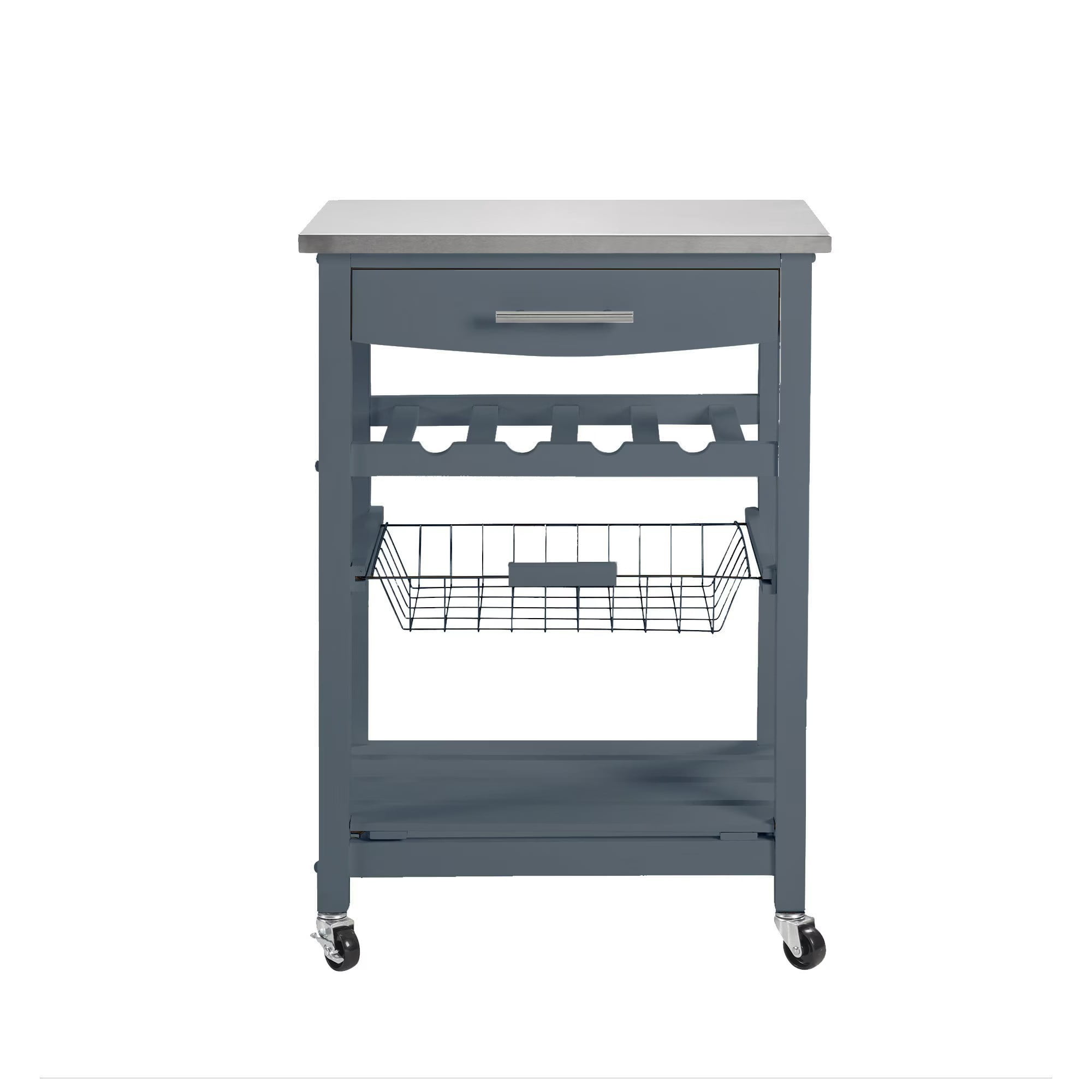 Mobile Rolling Kitchen Island Cart with Stainless Steel Top, Kitchen Trolley with Drawer, Slide-Out Wire Basket, Lockable Wheels, Portable Serving Cart for Kitchen, Dining Room, Grey