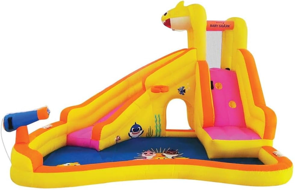 Funormous Baby Shark Bounce House with Slide, Pink Fong Inflatable Water Slide, Party Outdoor Curve Waterslide Fun