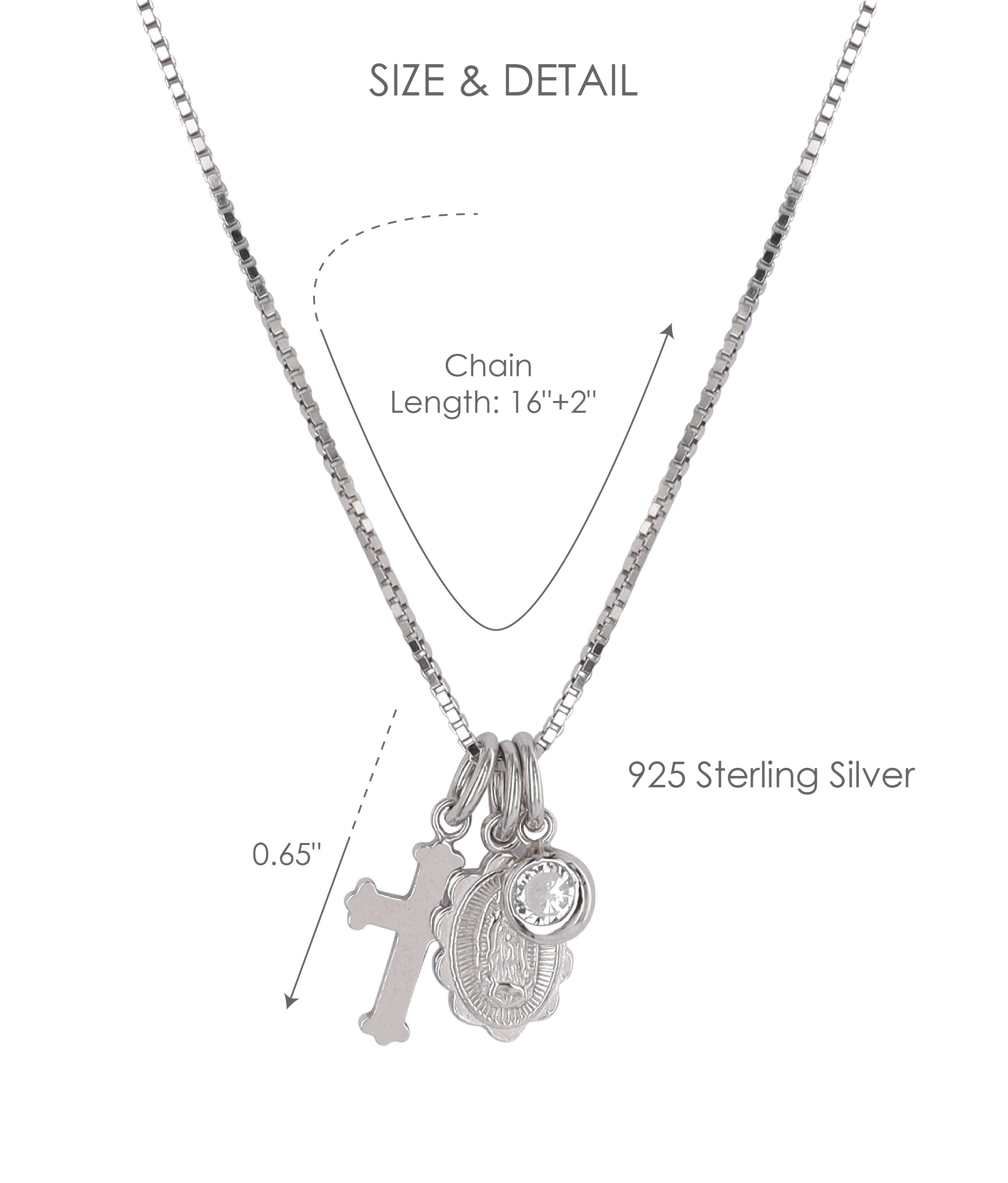Brilliance Fine Jewelry Sterling Silver Floating CZ, Guadalupe and Cross Charms Necklace, Box Chain 16"+2"