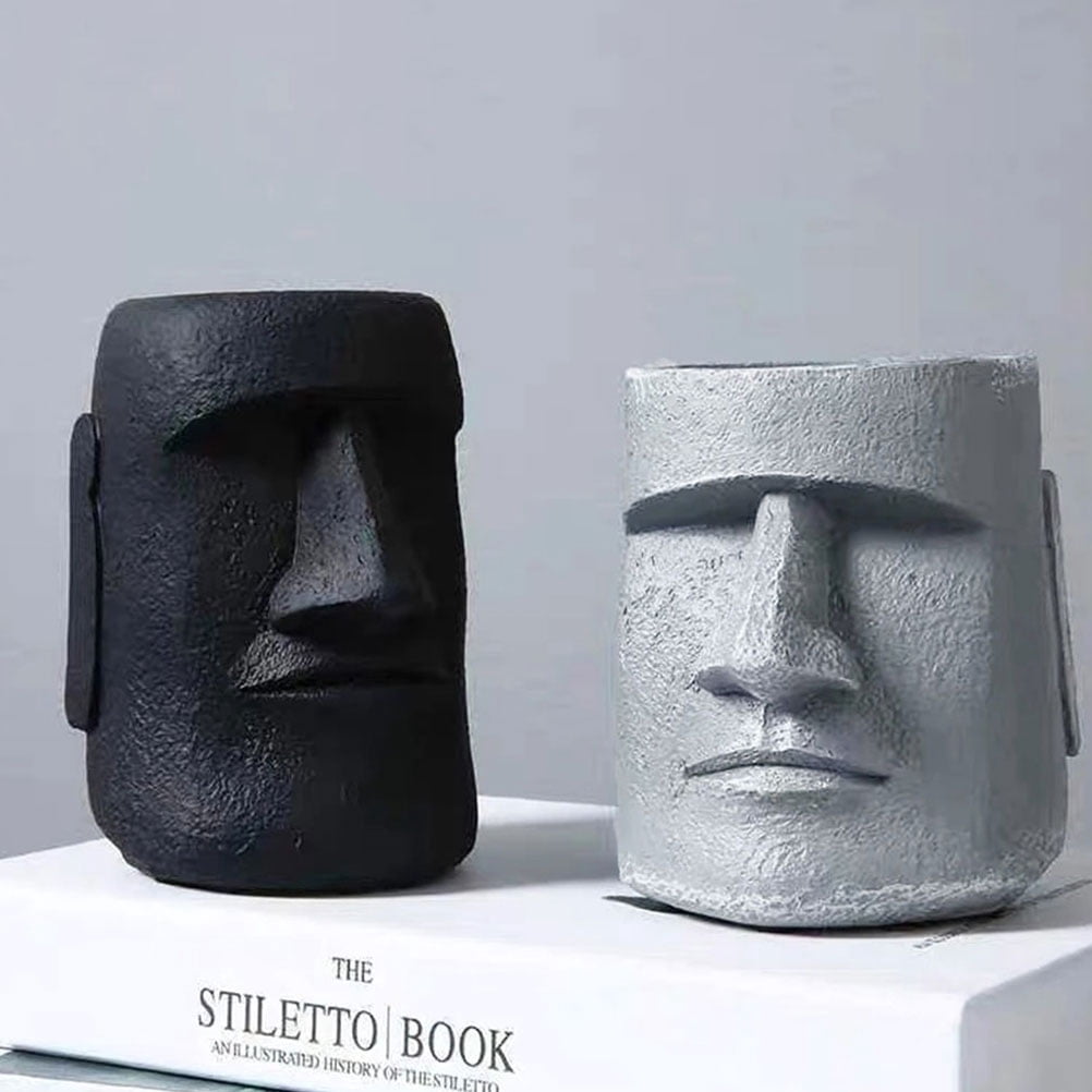 OUNONA Face Heads Easter Island Statue Flower Pot Office 25.5x19.5cm Dark Grey