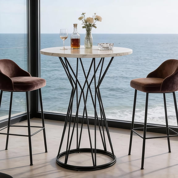 Tribesigns Round Bar Table, 35.4-Inch Tall Modern Bistro Pub Table with Metal Base for Dining Room, Coffee Shop, Bar, White&Black