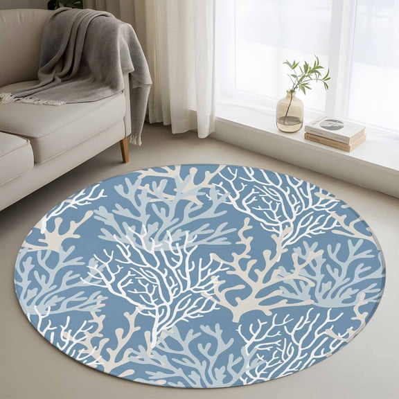 Round Area Rug 3.3ft, Blue Coral Coastal Non-slip Area Rugs for Living Room/Bedroom/Bathroom/Kitchen, Ocean Nautical Seaside Beach Washable Throw Floor Mat Indoor Outdoor Entrance Doormat