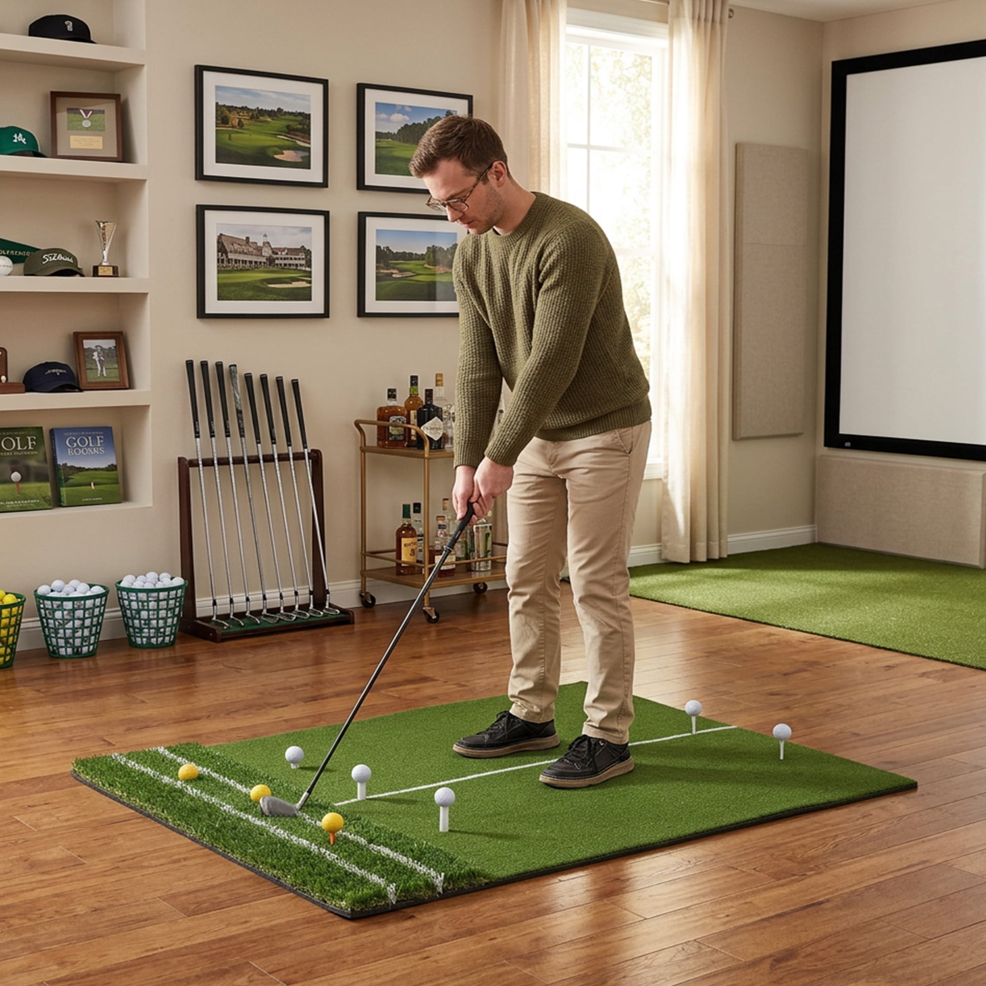 5'x4' Golf Hitting Mat with Guide Line, Heavy Duty Artificial Turf with 9 Tee Positions, Complete Practice Set with Balls, Tees & Strap for Indoor Outdoor Training