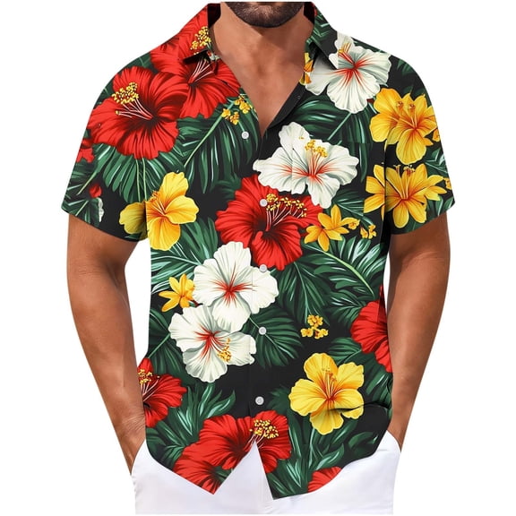 Maqroz Men's Hawaiian Shirt Short Sleeve Button Down Tropical Floral Print Summer Beach Shirt Casual Vacation Holiday Party Tops