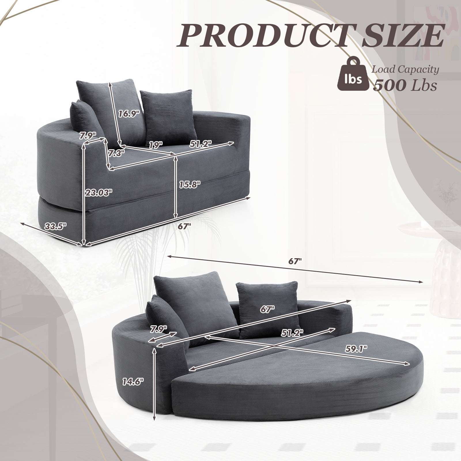 MOONMISS Convertible Sofa Couch Bed,Multi-Functional,Circular Bed,Adjustable Futon Sofa For Apartment Office Bedroom Living Room,Gray