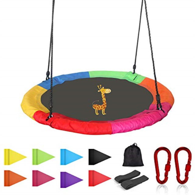 Reliancer 47 Saucer Tree Swing for Backyard Kids w/8 Flags 2 Carabiners 10FT Tree Swing Straps 600lbs Weight Capacity 900D Oxford Weather Resistant Durable Steel Frame Adjustable Ropes to 63inch 
