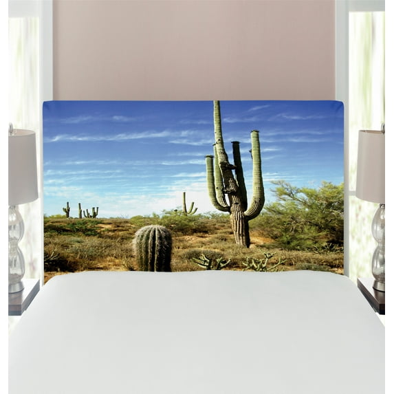 Saguaro Headboard, Tall Saguaro Cactus with Spined Leaves Desert Plants in Sunny Day Picture Print, Upholstered Decorative Metal Bed Headboard with Memory Foam, Twin Size, Blue Green, by Ambesonne
