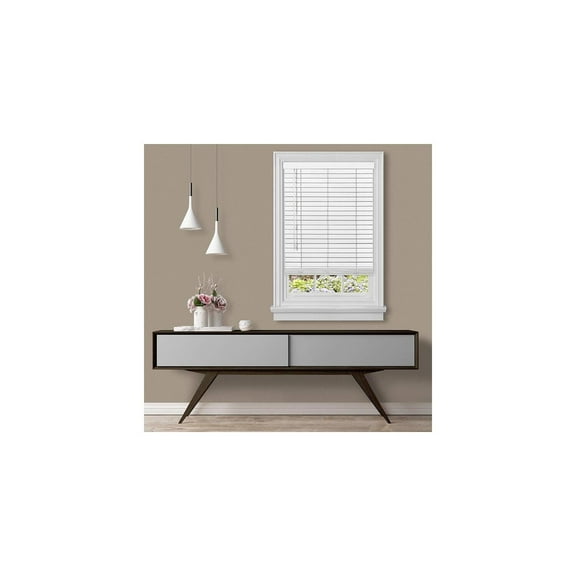 HomeStock Mediterranean Mingle 2" Faux Wood Blind 39x64", White, Cordless, Room Darkening, Deluxe Valance, Adjustable Tilt Wand, Easy to Install