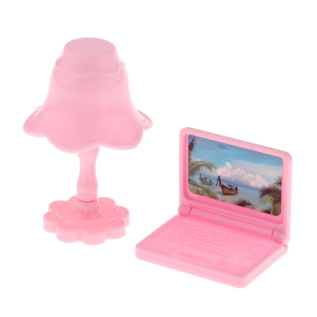 TISHITA 1 Pack Dollhouse Mini Laptop Scene Miniature Computer Table Lamp Set Simulation Pink