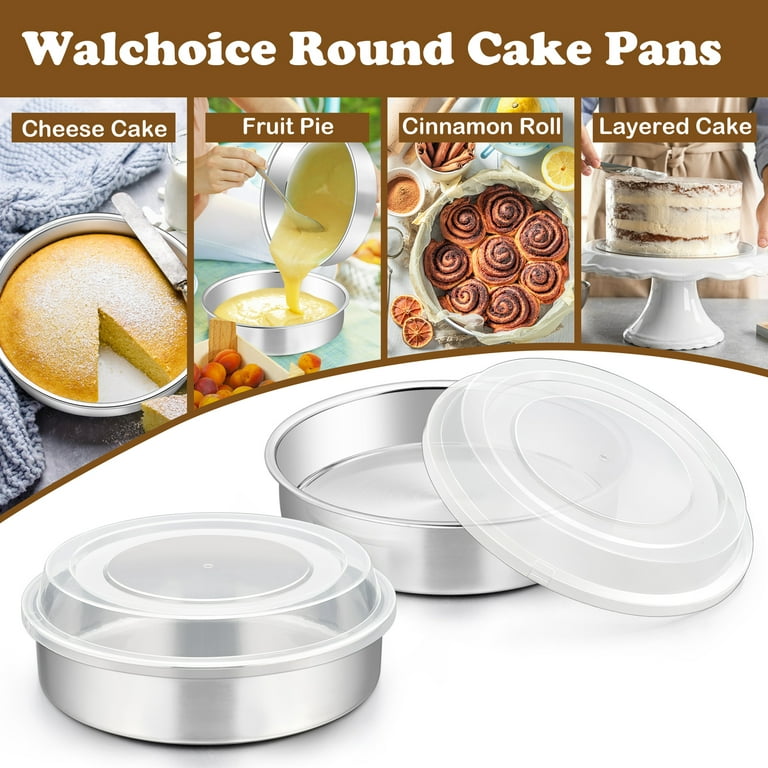 Walchoice 8 inch Cake Pan Set of 2, Stainless Steel Round Baking Pans with  Lids, Metal Cake Tins for Baking Serving