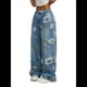thumbnail image 3 of Pantalones Vaqueros Vintage de Tiro Alto con Estampado Floral y Pierna Recta para Mujer, Informales, de Verano Azul XL, 3 of 9