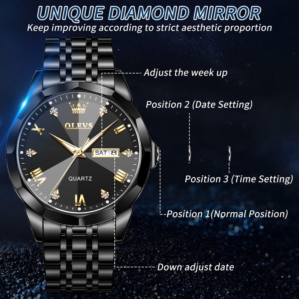 OLEVS Watch for Men Diamond Business Dress Analog Quartz Stainless Steel Waterproof Luminous Date Luxury Casual Wrist Watch Black Dial