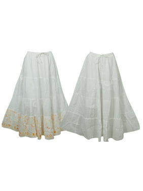 Mogul 2pc Women's Long Skirt Elastic Waist Cotton Embroidered Boho Hippie Maxi Skirts