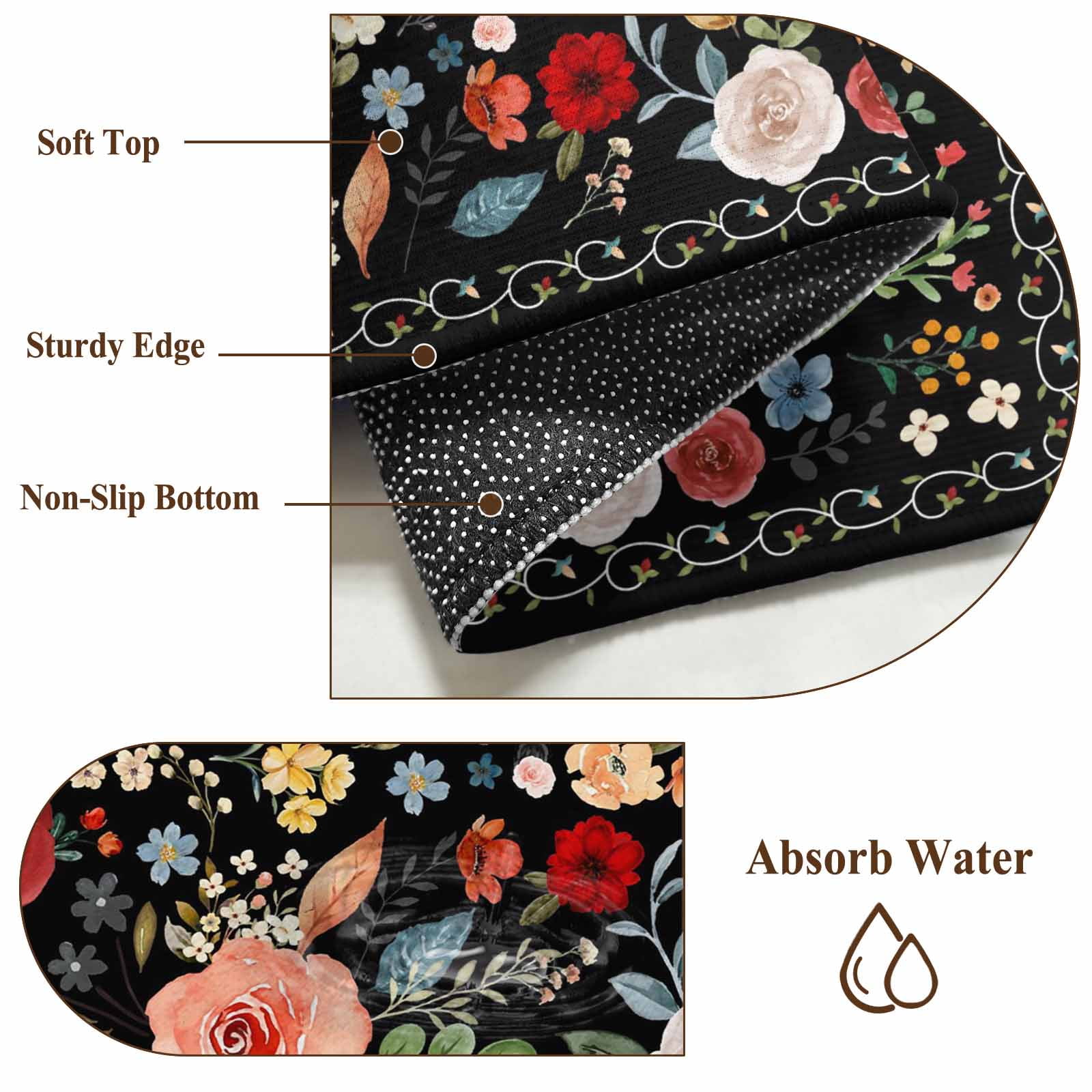 Watercolor Flowers 2'x6' Runner Rugs for Hallway Kitchen Bedside Non Slip Washable, Farmhouse Floral Vintage Black Entryway Rug Runners with Rubber Backing, Long Carpet Runner for Laundry Room