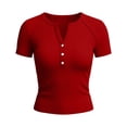 thumbnail image 4 of KIHOUT Women's Ribbed Knit Henley V-Neck Short Sleeve T-Shirt Stretchy Form-Fitting Casual Everyday Top, 4 of 6