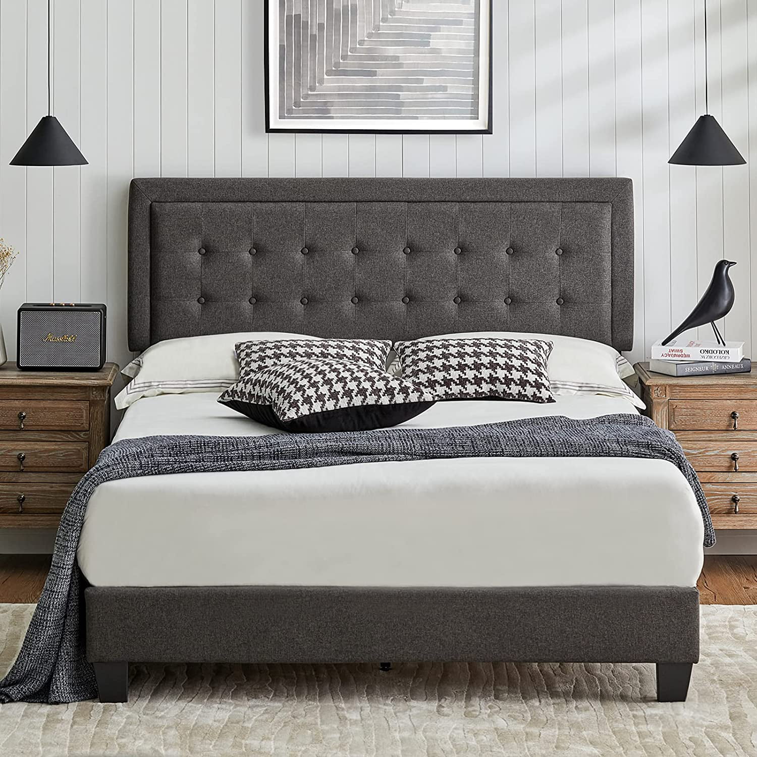 D-TOOLS Full Bed Frame Upholstered Platform Bed with Adjustable