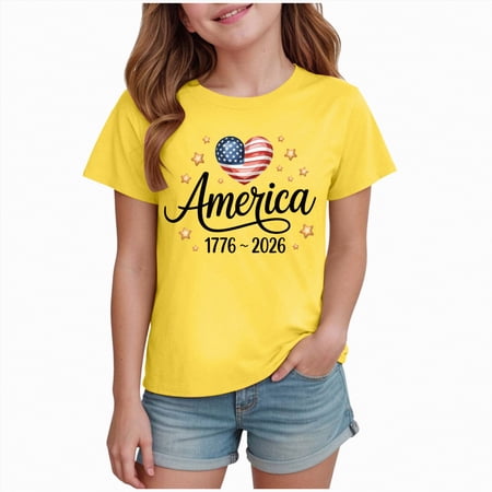 Rotm Usa Shirt Kids Girls Independence Day Short Sleeve Casual T-Shirt Patriotic Holiday Print Fashionable Crew Neck Pullover Yellow 7-8 Years