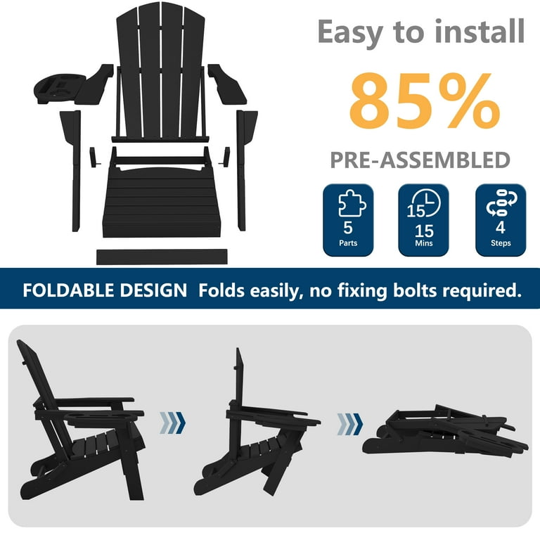 FOOWIN Folding HDPE Adirondack Chair, Black, 4-in-1 Cup Holder