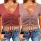 thumbnail image 4 of Women Summer Short Sleeve Sexy V-Neck T-Shirt Ribbed Knitted Solid Color Ruched Drawstring Front Slim Fit Crop Tee Top XL White, 4 of 4