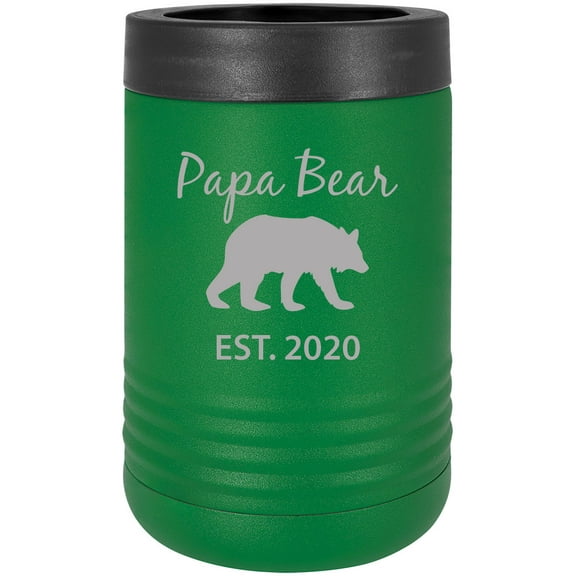 Papa Bear Est. 2020 Stainless Steel Engraved Insulated Beer Beverage Holder Can Cooler, Green