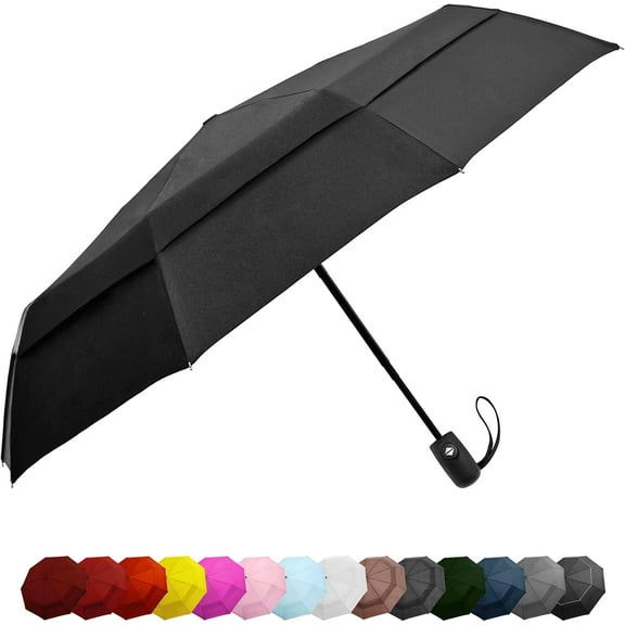 Windproof Travel Umbrellas for Rain - Lightweight, Strong, Compact with & Easy Auto Open/Close Button for Single Hand Use - Double Vented Canopy for Men & Women
