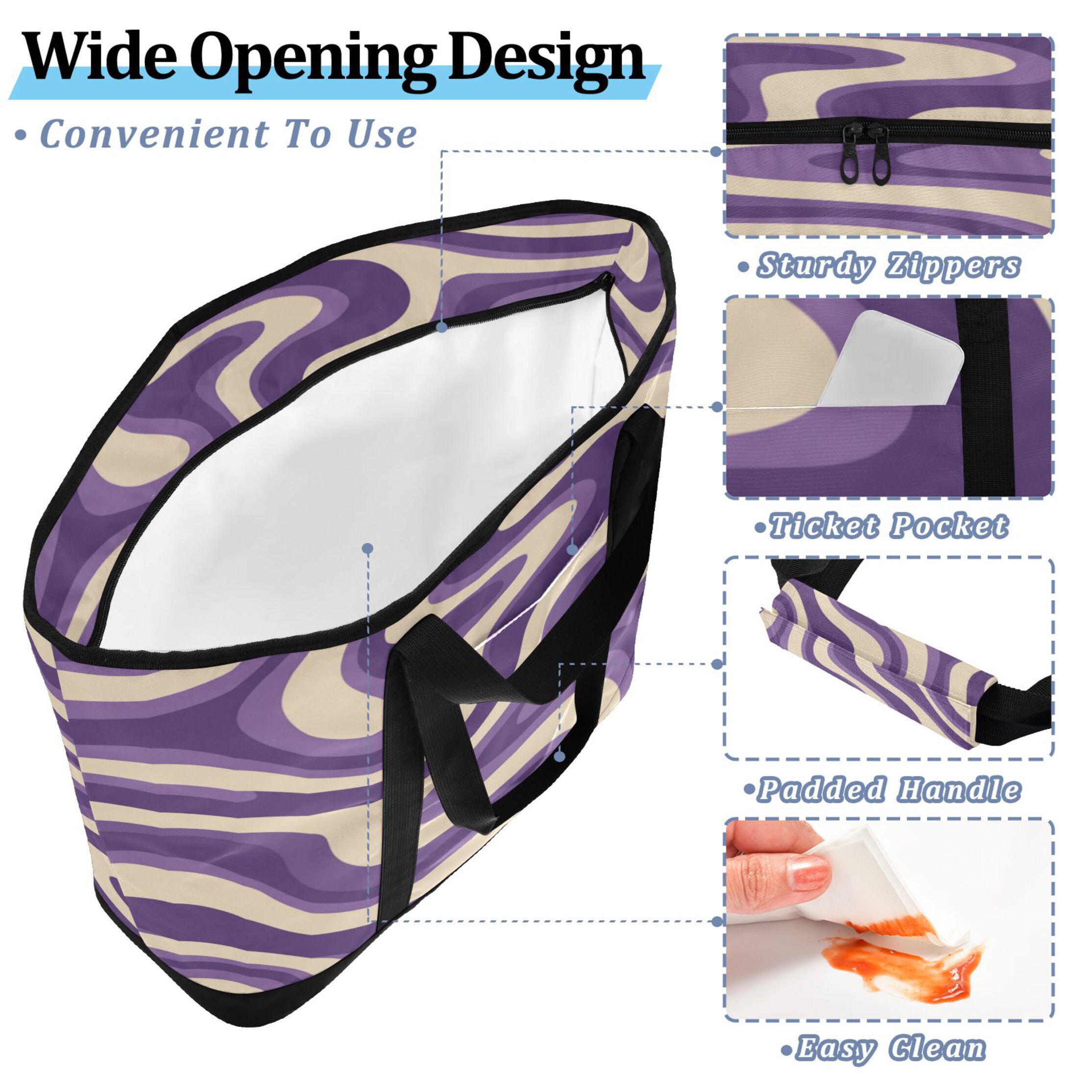 Extra-Large Wide Opening Design Capacity Hand-Held Ice Pack Thickened Insulation Layer For Long-Lasting Cold Retention For Outdoor Shopping Picnics And Camping Purple Creamy Pattern
