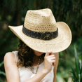 thumbnail image 2 of OOOUM Woven Cowboy Hat For Men Women Head Buckle Chin Strap Sun Hat Festival Outdoor Vacation Cowgirl Hat Beige, 2 of 6
