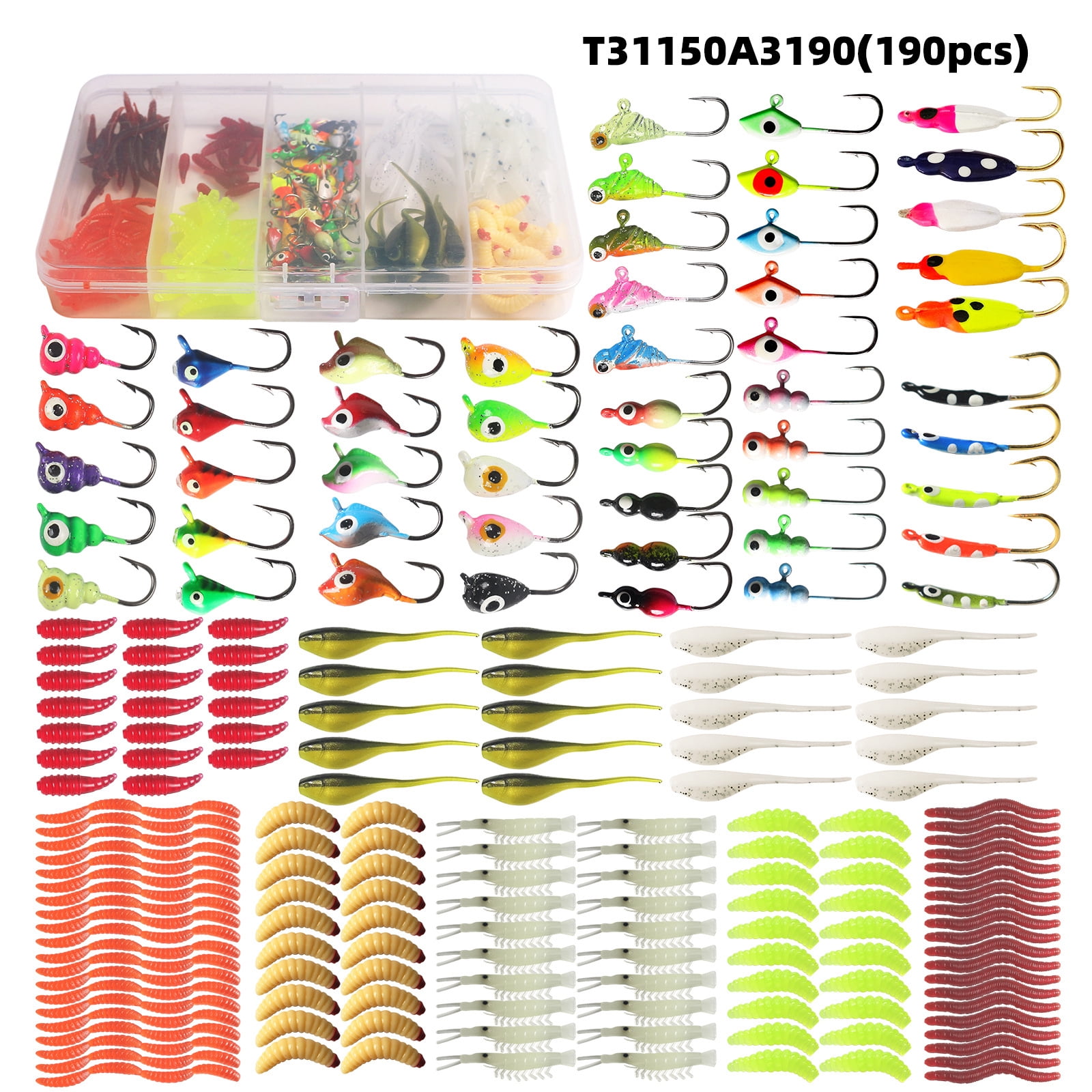 Elowen Ice Fishing Lure Hook 190pcs Ice Fishing Jigs Ice Fishing Lures Ice Fishing Starter Kit for Walleye Crappie Panfish