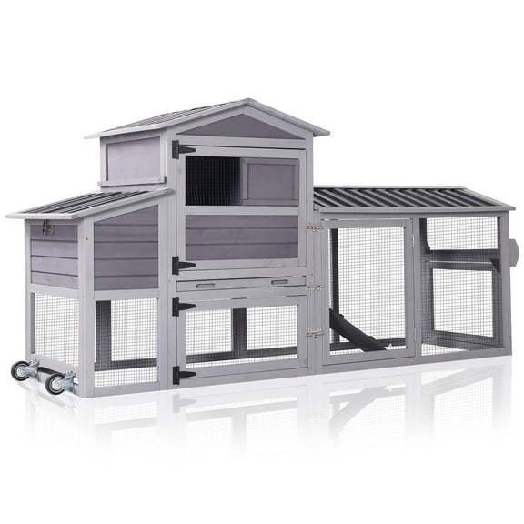 MEDEHOO 80" Chicken Coop with Wheels, Weatherproof Large Chicken House with Run & Nesting Box for 4-6 Chickens, Gray