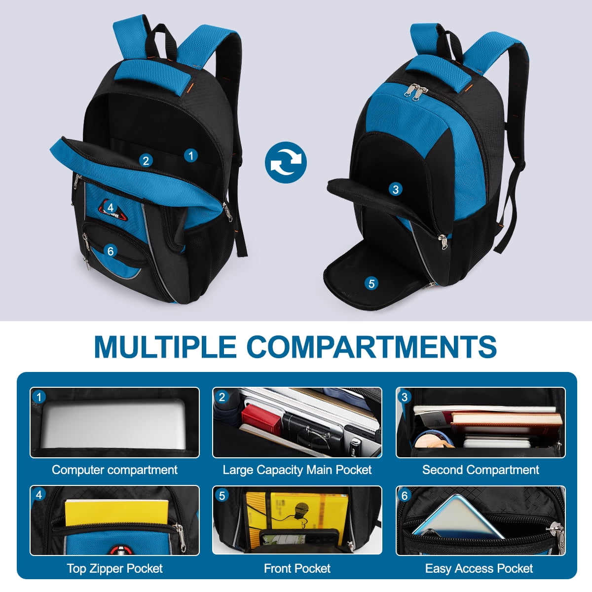 Extra Large Travel Backpack with Laptop Pocket,35L Lightweight Travel Work College School Bag for Men and Women,Blue,06512