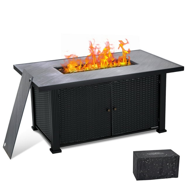57" Propane Fire Pit Table - 50,000 BTU Rectangle Fire Table with Cover & Steel Fence Surface