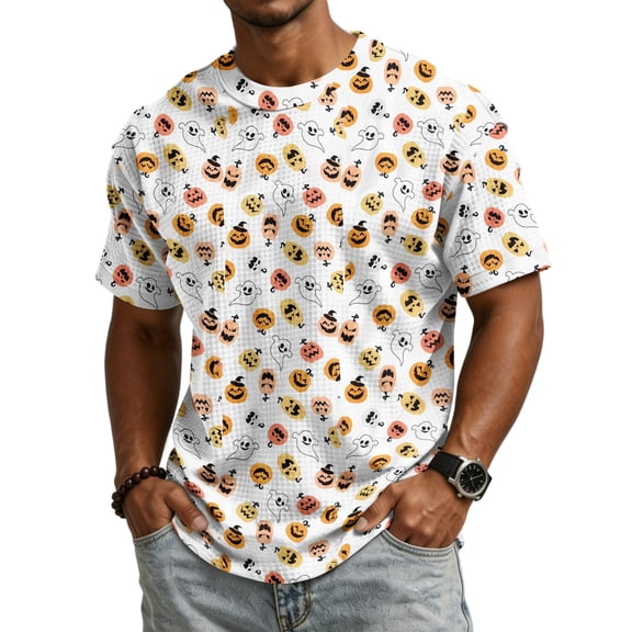 Men's Halloween Crewneck T-Shirt, Spooky Ghost Pumpkin Full Print Short Sleeve Casual Fall Streetwear Tops