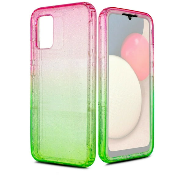 for Samsung Galaxy A02S Glitter Bling Full Body Built In Screen Protector Case Phone Case PU Shock Bumper Scratch Guard Skin Wrap Slim Cover