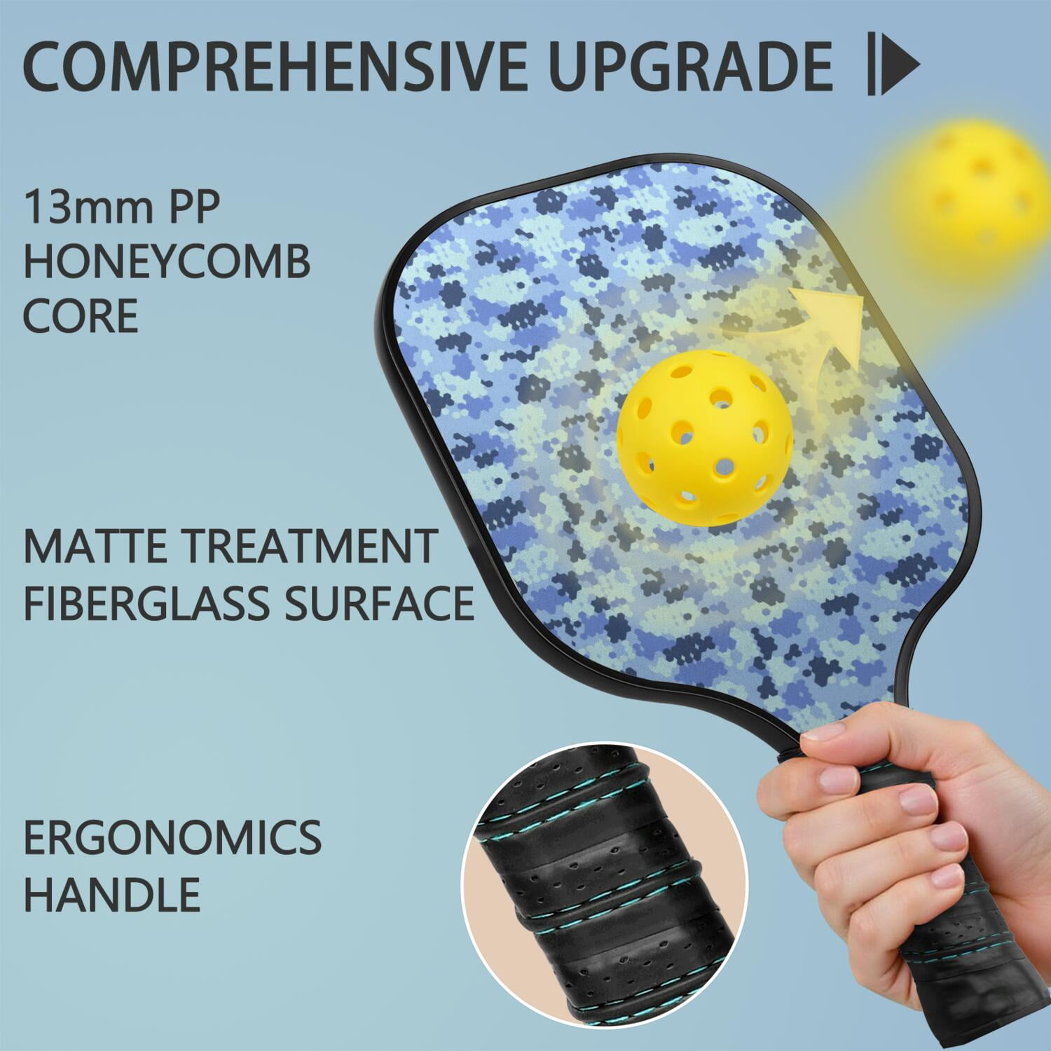 Pickleball Paddles Set Of 1, Fiberglass Surface, Camouflage Print, 1 Paddle, 2 Balls & Bag